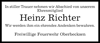 Traueranzeige von Heinz Richter von Neue Westfälische