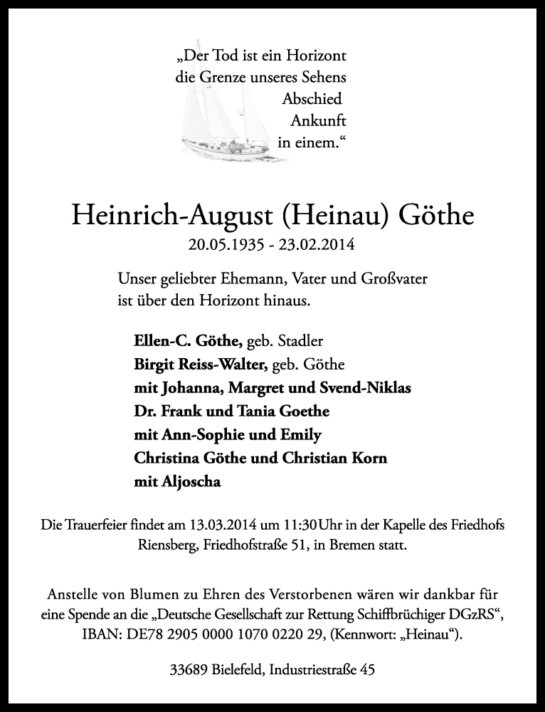  Traueranzeige für Heinrich-August Göthe vom 08.03.2014 aus Neue Westfälische