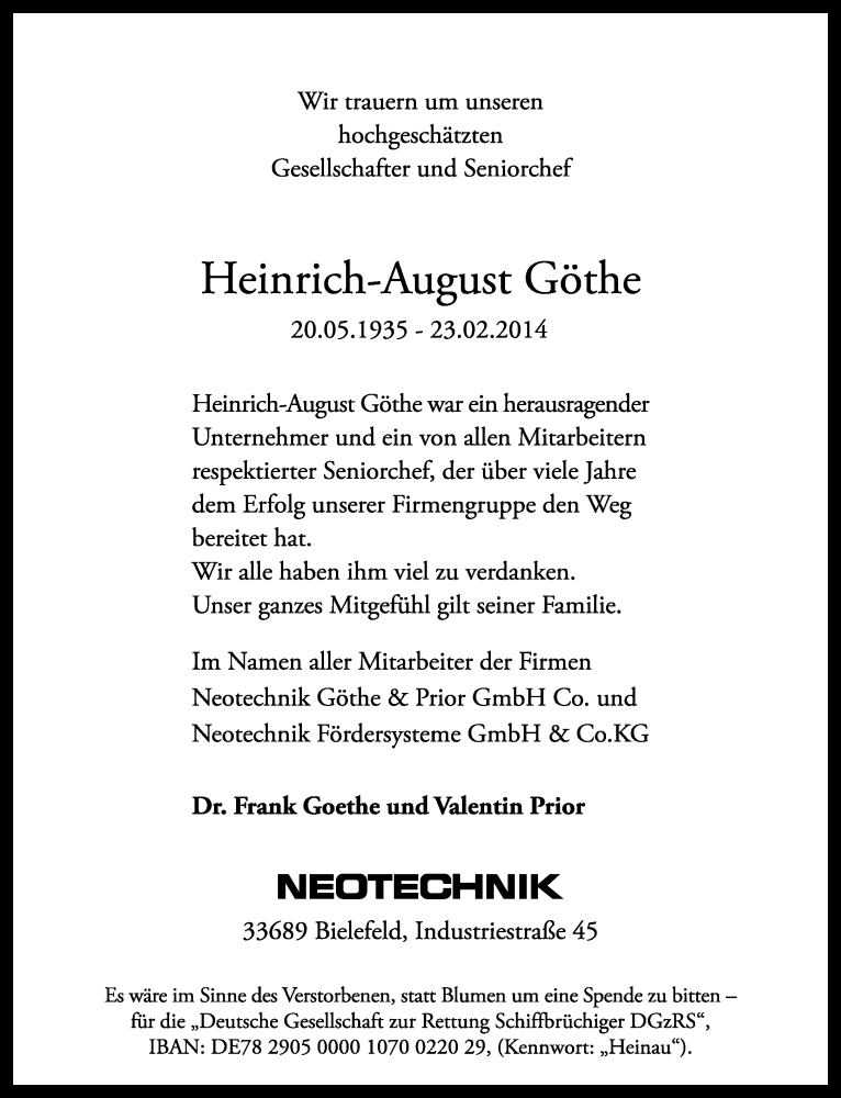  Traueranzeige für Heinrich-August Göthe vom 08.03.2014 aus Neue Westfälische