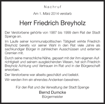 Traueranzeige von Friedrich Breyholz von Neue Westfälische