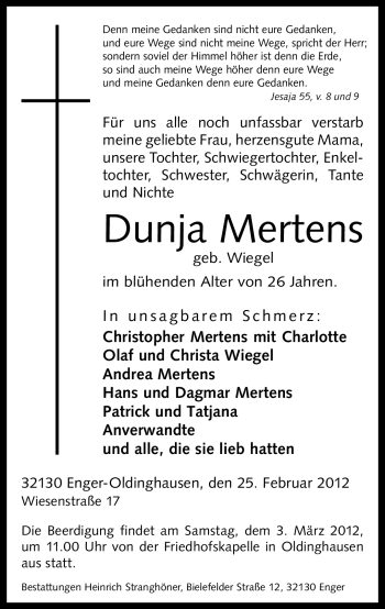 Traueranzeige von Dunja Mertens von Neue Westfälische