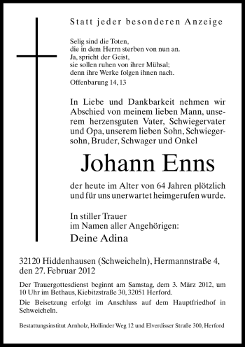 Traueranzeige von Johann Enns von Neue Westfälische