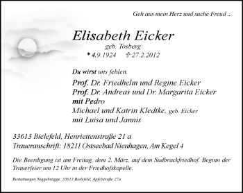 Traueranzeige von Elisabeth Eicker von Neue Westfälische