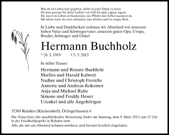 Traueranzeige von Hermann Buchholz von Neue Westfälische