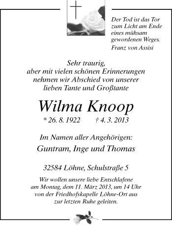 Traueranzeige von Wilma Knoop von Neue Westfälische