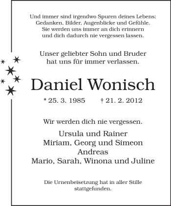 Traueranzeige von Daniel Wonisch von Neue Westfälische