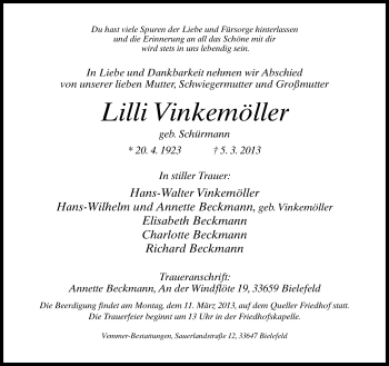 Traueranzeige von Lilli Vinkemöller von Neue Westfälische