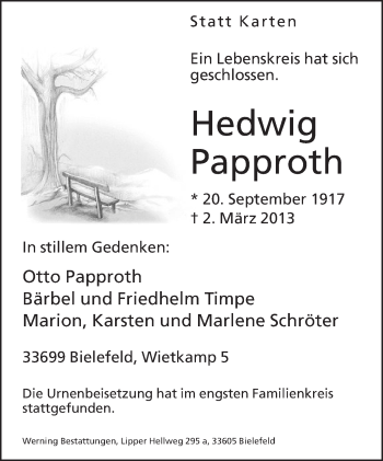 Traueranzeige von Hedwig Papproth von Neue Westfälische