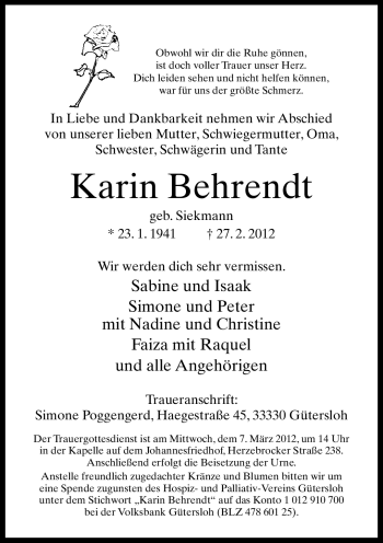 Traueranzeige von Karin Behrendt von Neue Westfälische