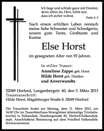 Traueranzeige von Else Horst von Neue Westfälische