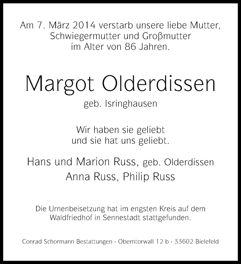  Traueranzeige für Margot Olderdissen vom 15.03.2014 aus Neue Westfälische