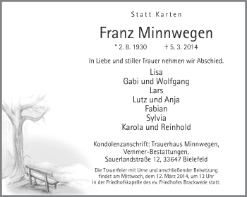 Traueranzeige von Franz Minnwegen von Neue Westfälische