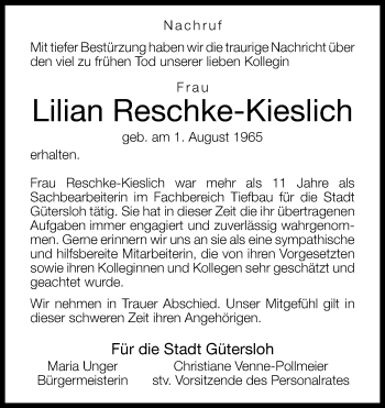 Traueranzeige von Lilian Reschke-Kieslich von Neue Westfälische
