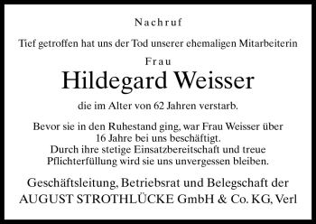 Traueranzeige von Hildegard Weisser von Neue Westfälische