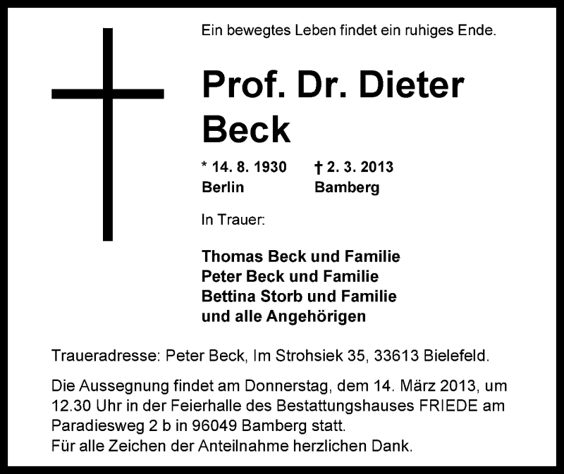  Traueranzeige für Dieter Beck vom 09.03.2013 aus Neue Westfälische