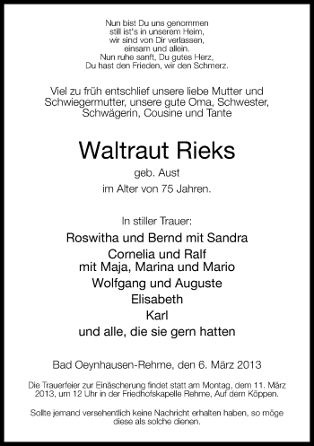 Traueranzeige von Waltraut Rieks von Neue Westfälische