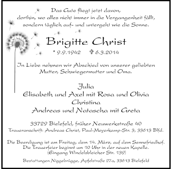 Traueranzeige von Brigitte Christ von Neue Westfälische