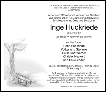 Traueranzeige von Inge Huckriede von Neue Westfälische