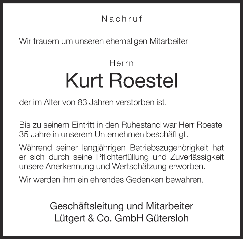  Traueranzeige für Kurt Roestel vom 18.04.2015 aus Neue Westfälische