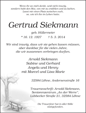Traueranzeige von Gertrud Siekmann von Neue Westfälische