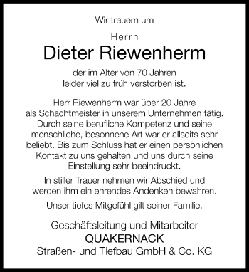 Traueranzeige von Dieter Riewenherm von Neue Westfälische