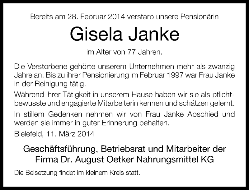  Traueranzeige für Gisela Janke vom 12.03.2014 aus Neue Westfälische