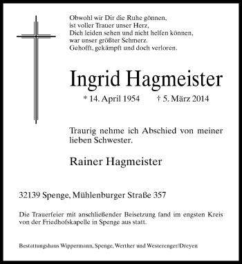 Traueranzeige von Ingrid Hagmeister von Neue Westfälische