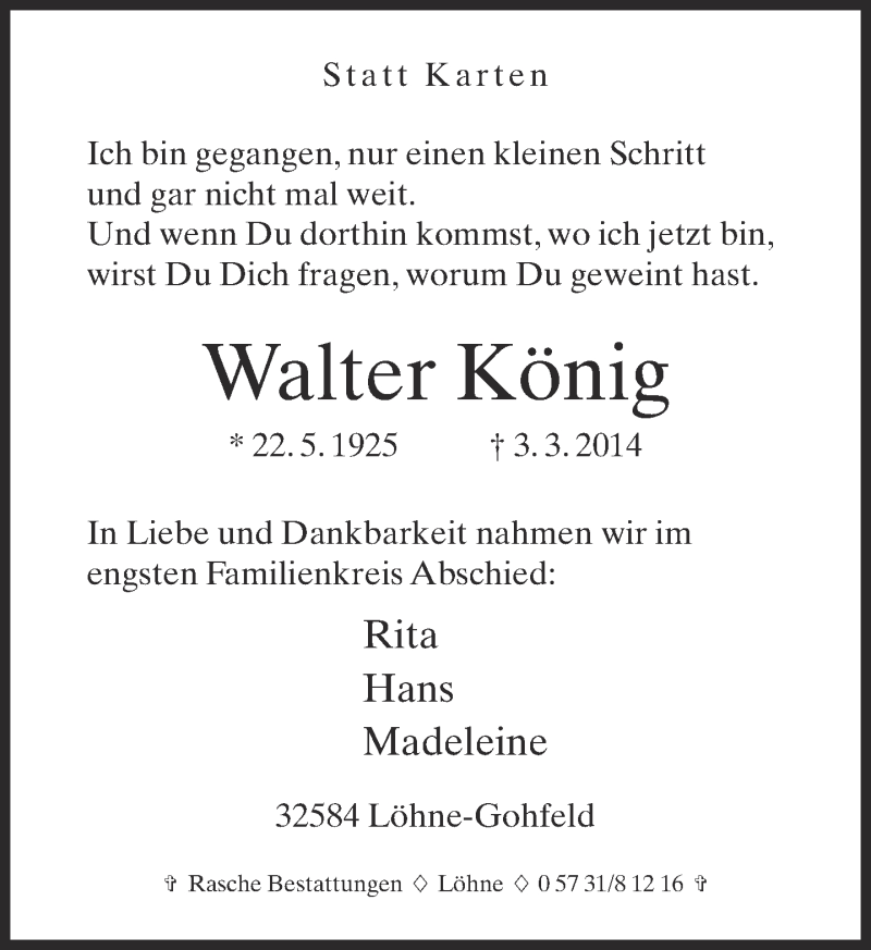  Traueranzeige für Walter König vom 15.03.2014 aus Neue Westfälische