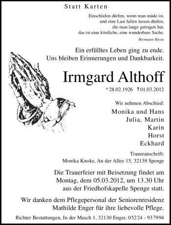 Traueranzeige von Irmgard Althoff von Neue Westfälische