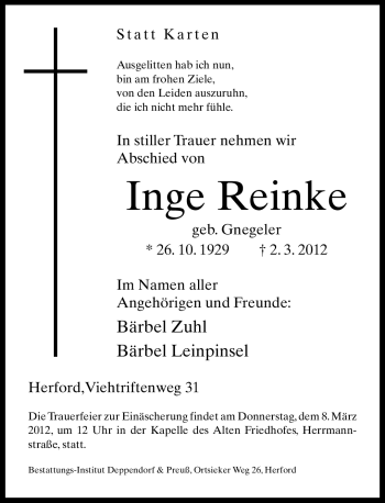 Traueranzeige von Inge Reinke von Neue Westfälische