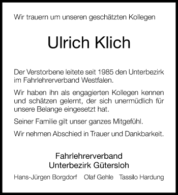 Traueranzeige von Ulrich Klich von Neue Westfälische