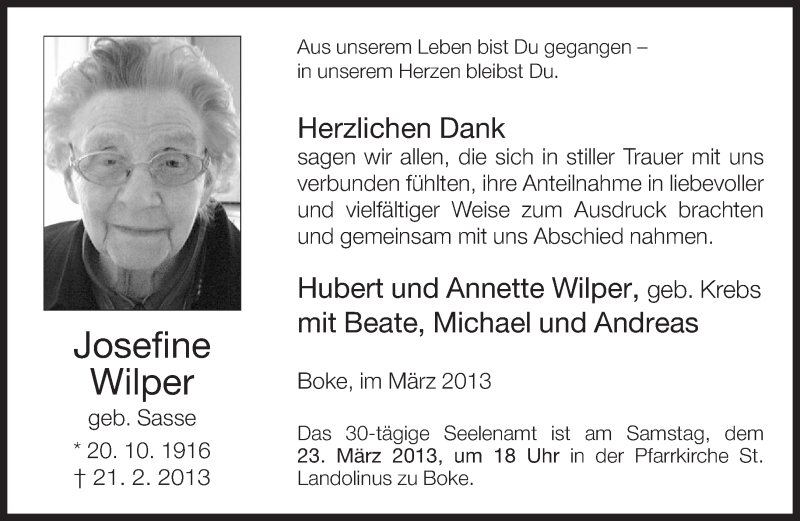  Traueranzeige für Josefine Wilper vom 19.03.2013 aus Neue Westfälische