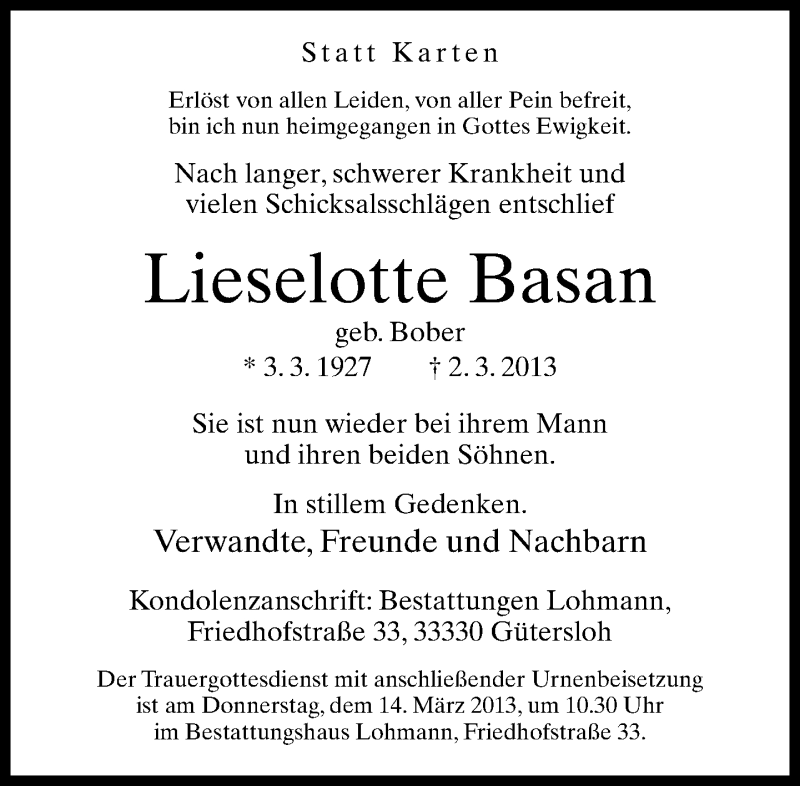  Traueranzeige für Lieselotte Basan vom 09.03.2013 aus Neue Westfälische