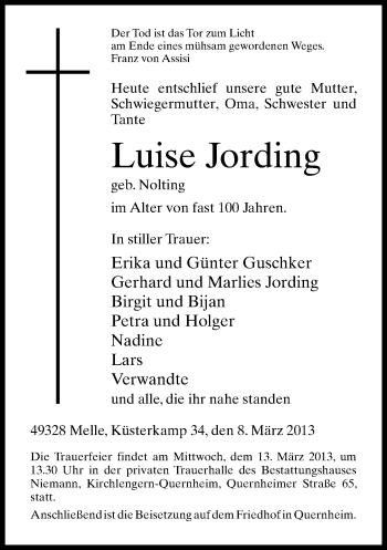 Traueranzeige von Luise Jording von Neue Westfälische
