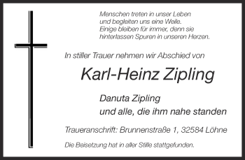 Traueranzeige von Karl-Heinz Zipling von Neue Westfälische