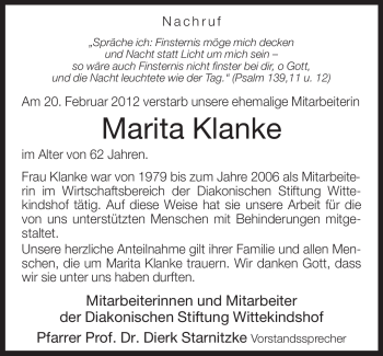 Traueranzeige von Marita Klanke von Neue Westfälische