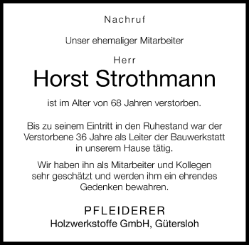 Traueranzeige von Horst Strothmann von Neue Westfälische