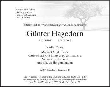 Traueranzeige von Günter Hagedorn von Neue Westfälische