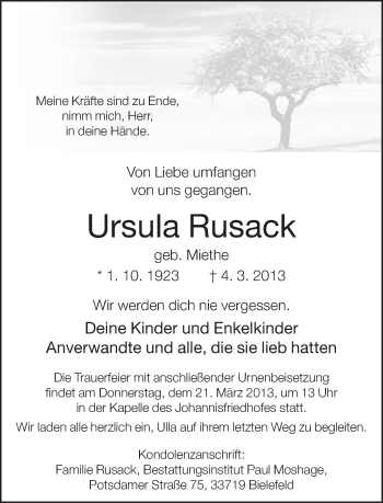 Traueranzeige von Ursula Rusack von Neue Westfälische