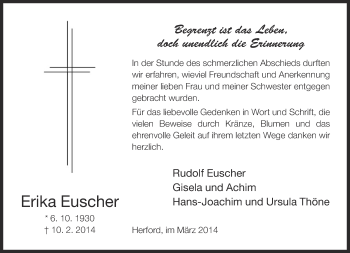 Traueranzeige von Erika Euscher von Neue Westfälische