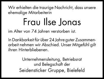Traueranzeige von Ilse Jonas von Neue Westfälische