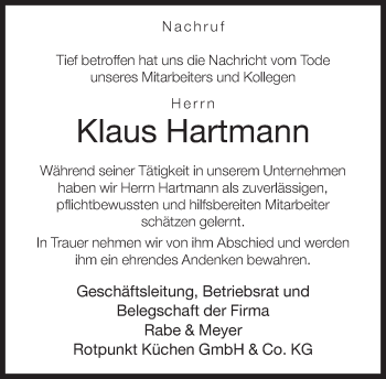 Traueranzeige von Klaus Hartmann von Neue Westfälische