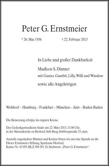 Traueranzeige von Peter Ernstmeier von Neue Westfälische
