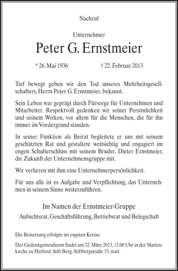 Traueranzeige von Peter Ernstmeier von Neue Westfälische
