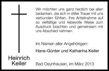 Traueranzeige von Heinrich Keiler von Neue Westfälische