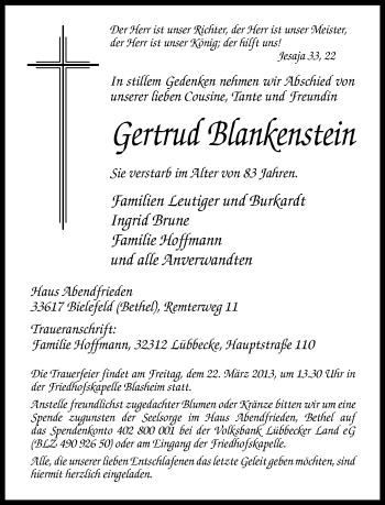 Traueranzeige von Gertrud Blankenstein von Neue Westfälische