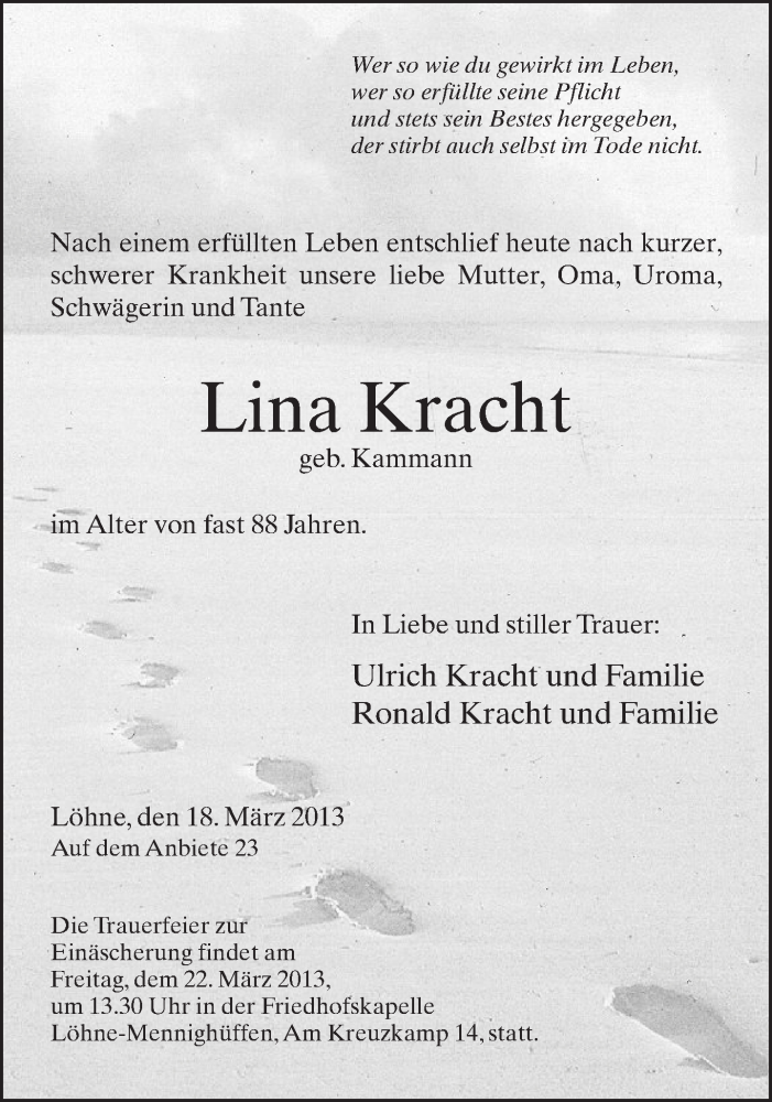 Traueranzeige für Lina Kracht vom 20.03.2013 aus Neue Westfälische
