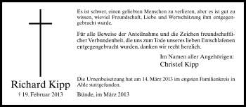 Traueranzeige von Richard Kipp von Neue Westfälische