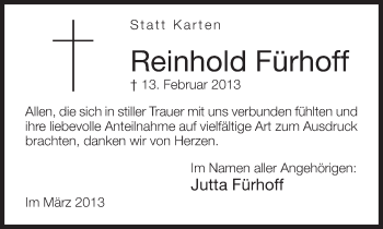 Traueranzeige von Reinhold Fürhoff von Neue Westfälische