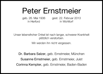 Traueranzeige von Peter Ernstmeier von Neue Westfälische
